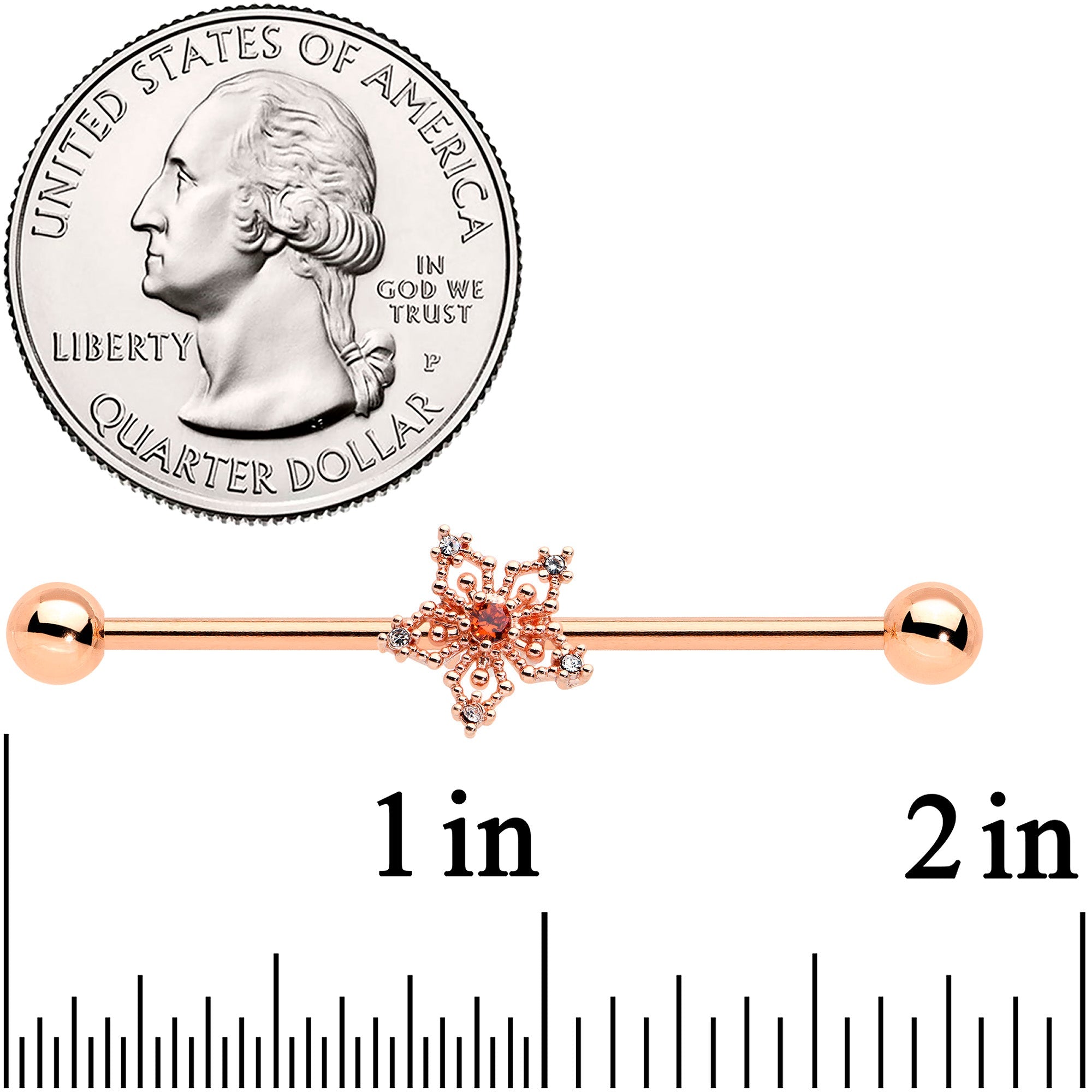 BodyCandy 14G Red Gem Rosy Tone Texture Snowflake Industrial Barbell 38mm — detail close-up