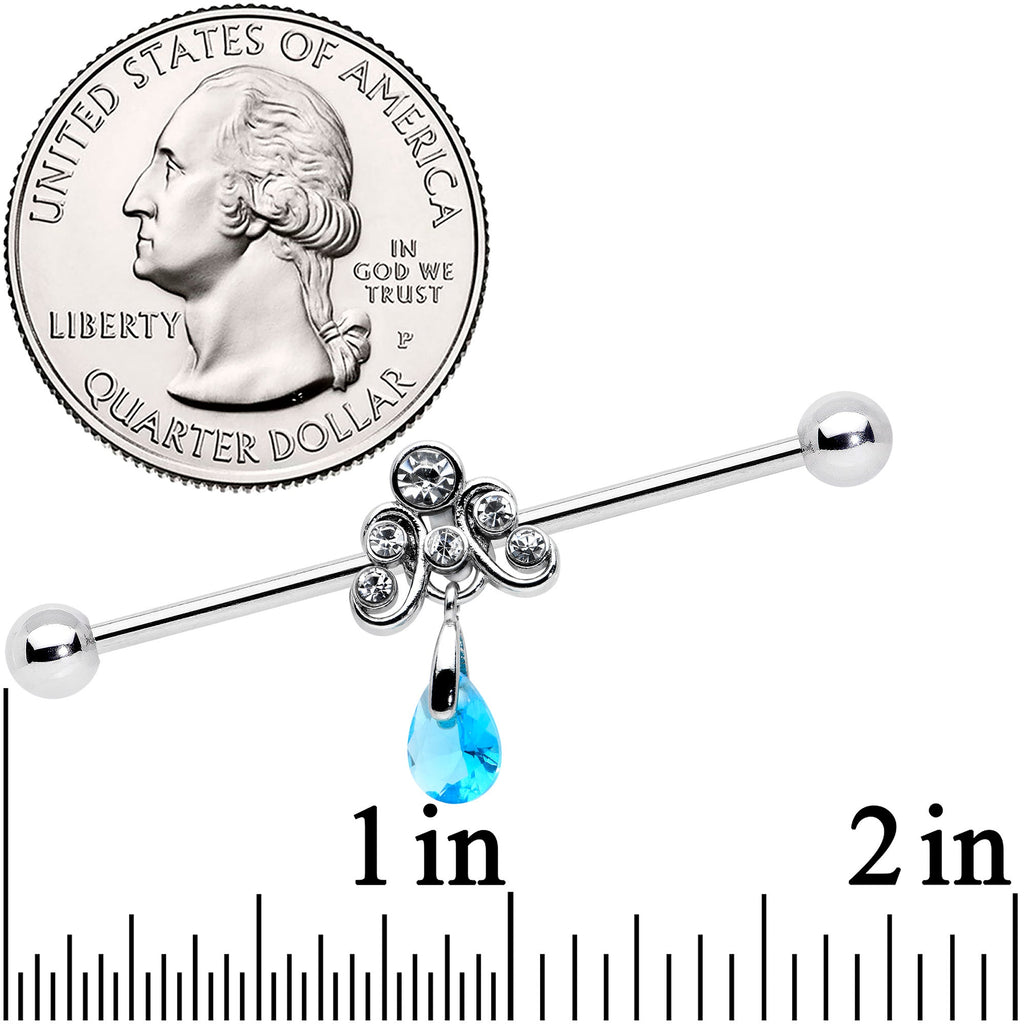 BodyCandy 14G Blue Gem Scrolling Elegance Dangle Industrial Barbell 38mm — detail close-up