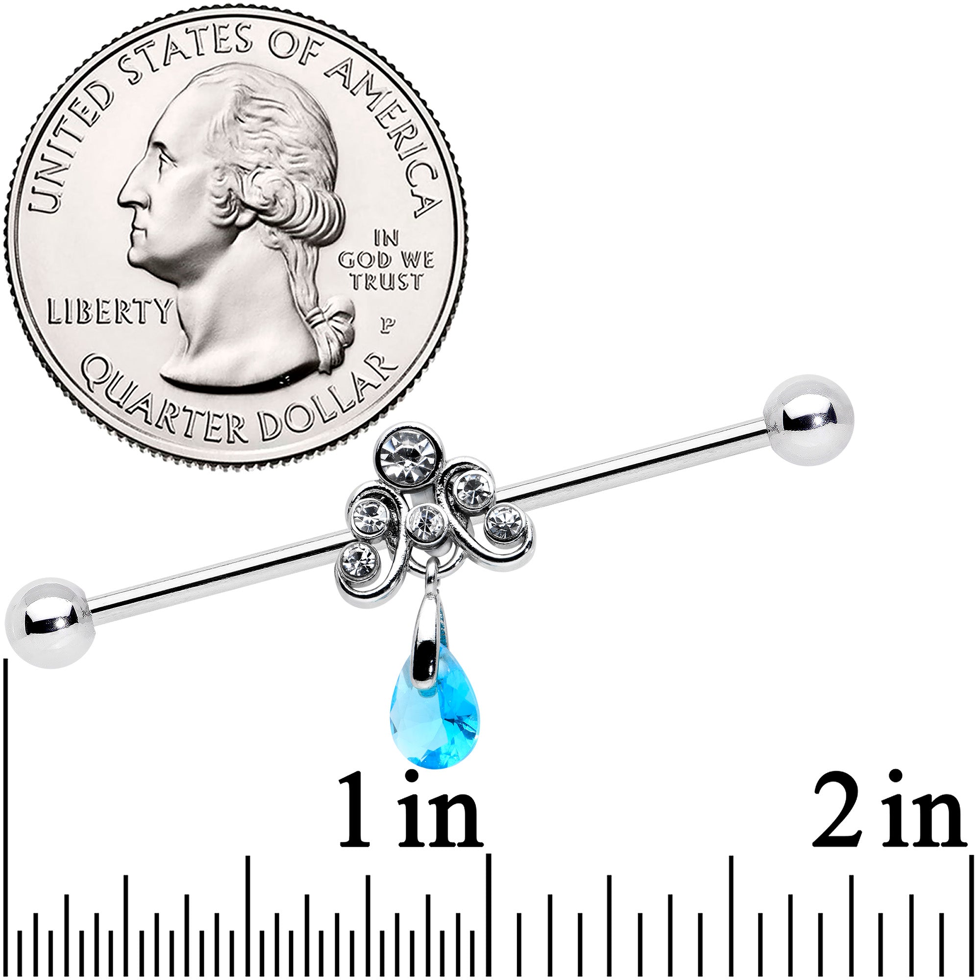 BodyCandy 14G Blue Gem Scrolling Elegance Dangle Industrial Barbell 38mm — detail close-up