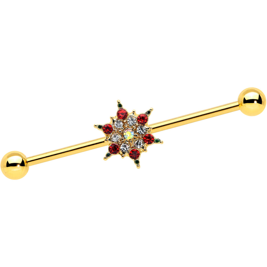 BodyCandy 14G Red Gem Gold Tone Bright Christmas Industrial Barbell 38mm — main product shot