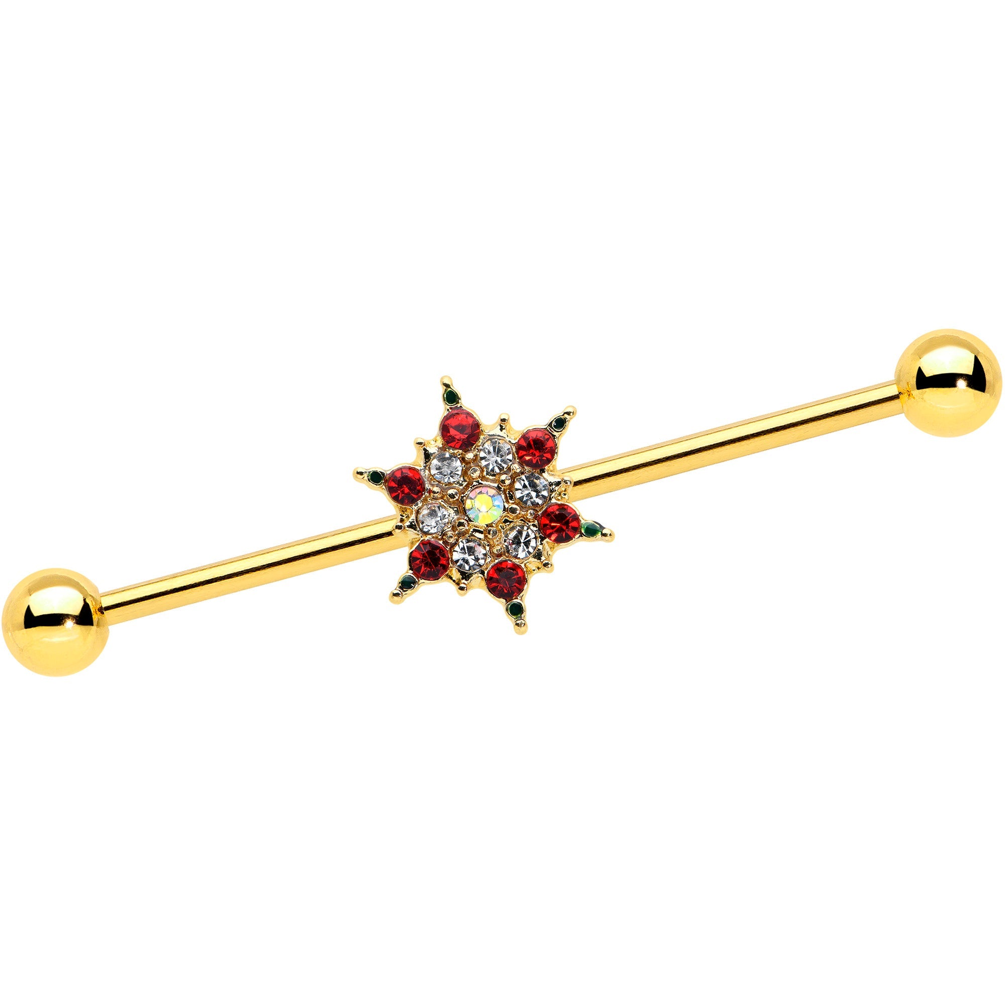 BodyCandy 14G Red Gem Gold Tone Bright Christmas Industrial Barbell 38mm — main product shot