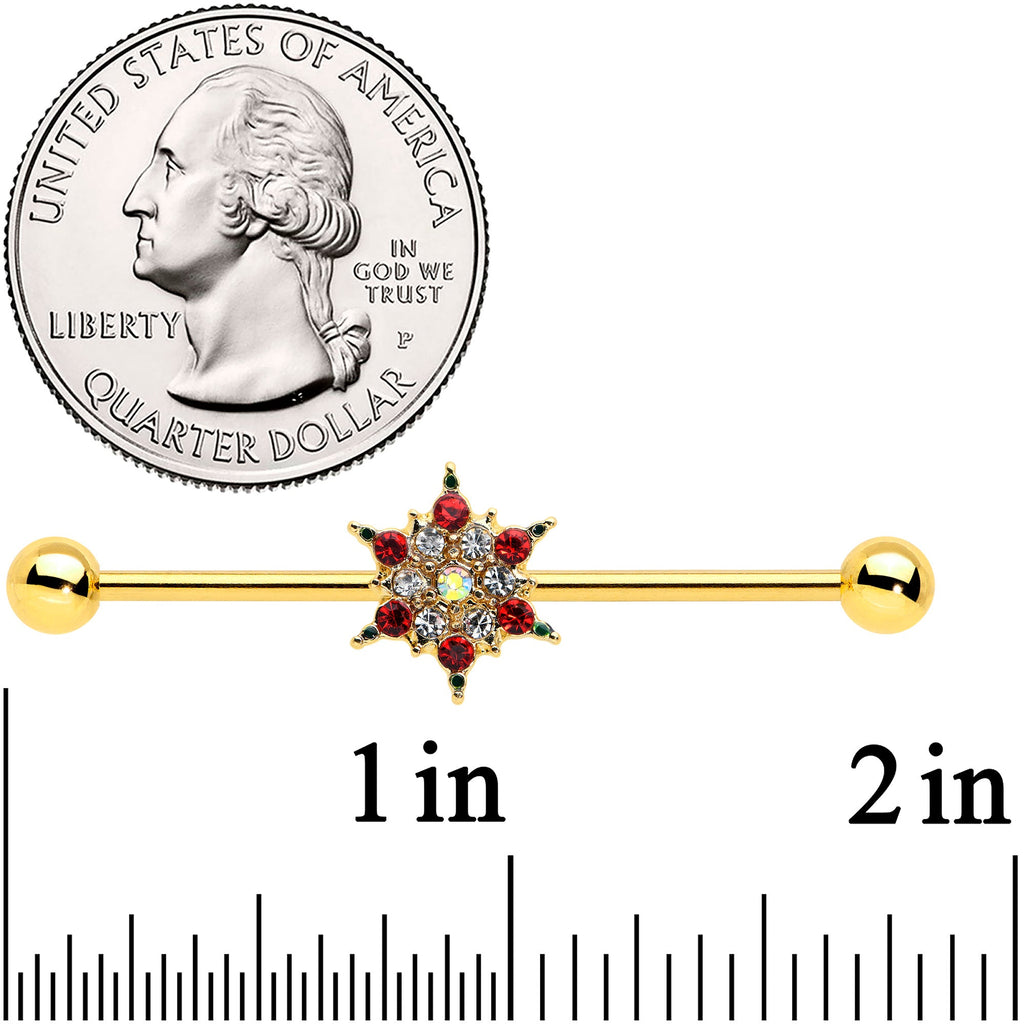 BodyCandy 14G Red Gem Gold Tone Bright Christmas Industrial Barbell 38mm — detail close-up