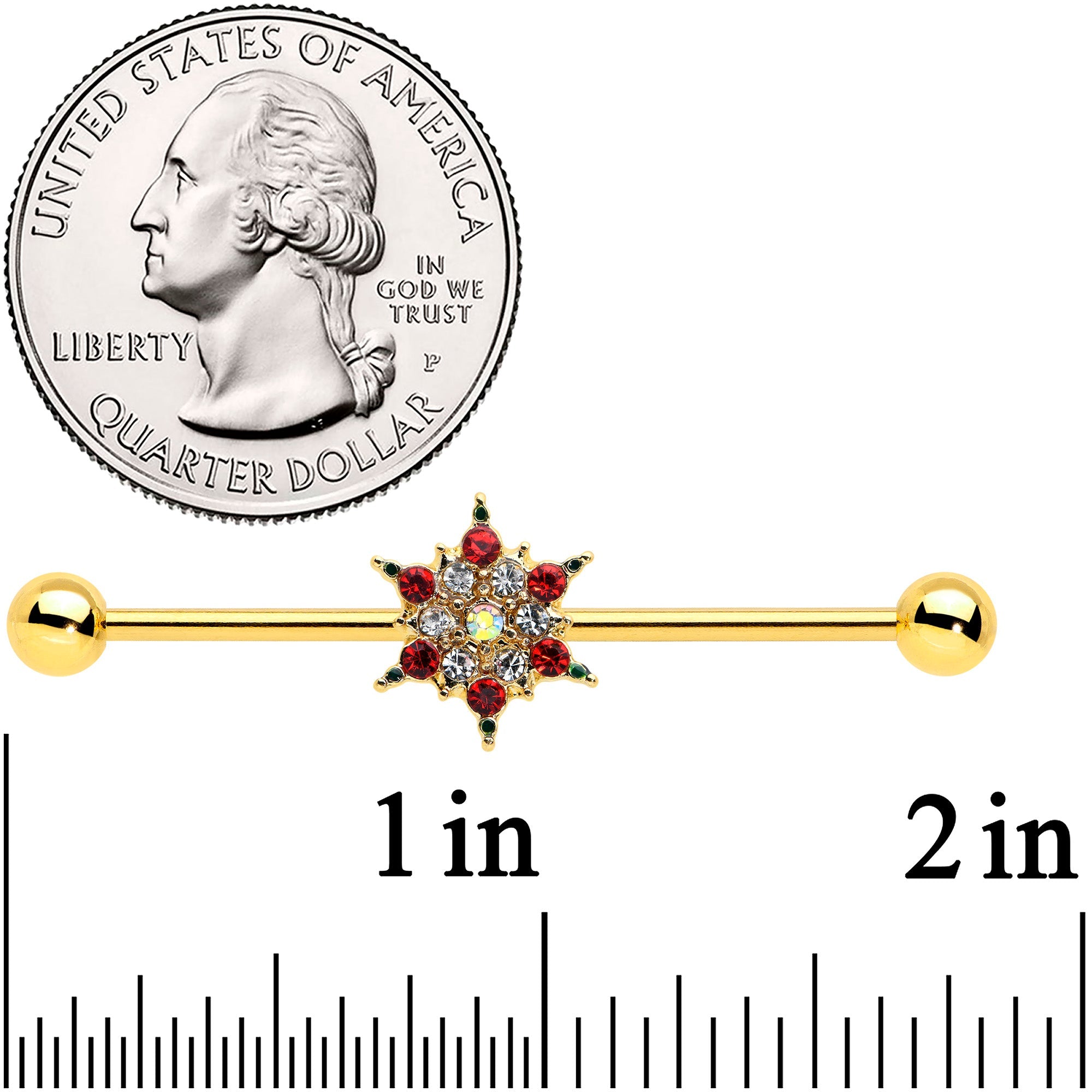 BodyCandy 14G Red Gem Gold Tone Bright Christmas Industrial Barbell 38mm — detail close-up