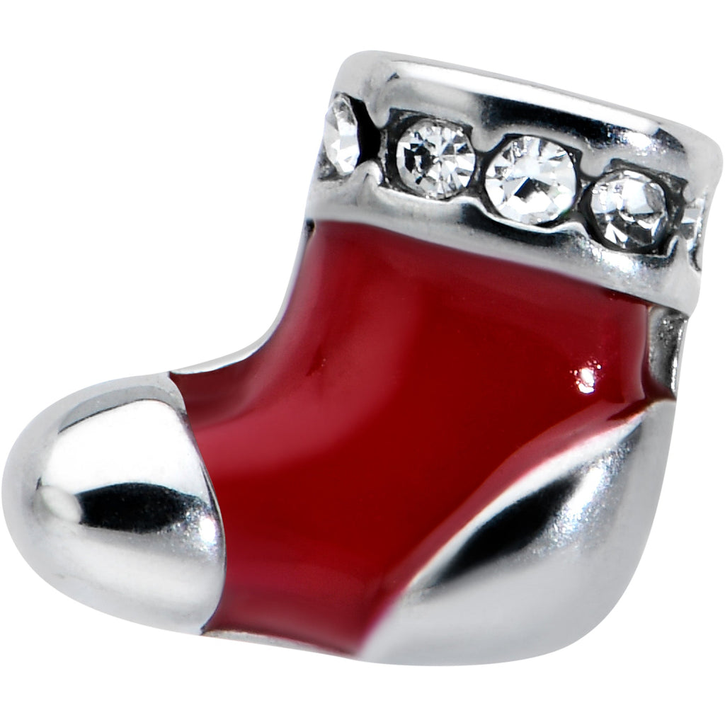 BodyCandy Clear CZ Gem Festive Red Stocking Christmas Barbell Tongue Ring — detail close-up