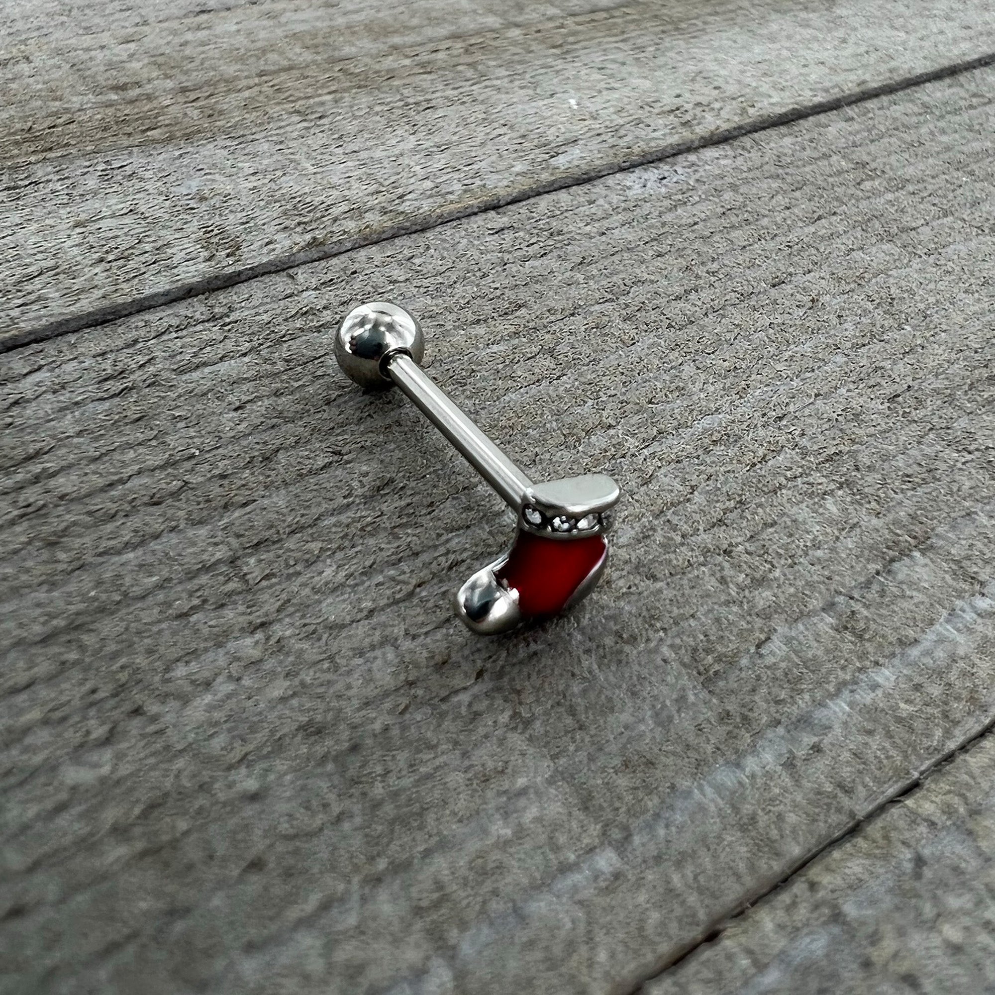 BodyCandy Clear CZ Gem Festive Red Stocking Christmas Barbell Tongue Ring — alternative angle