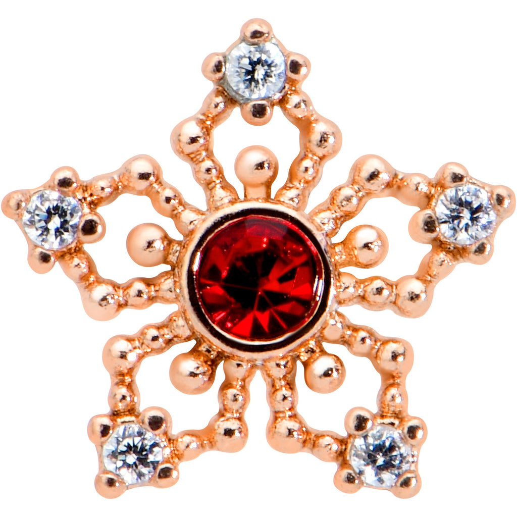BodyCandy 16G 5/16 Red Gem Rose Gold Tone Texture Snowflake Labret Tragus — detail close-up