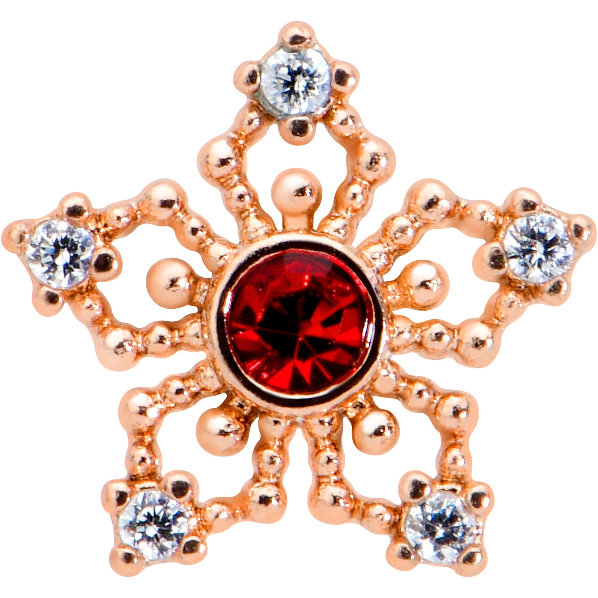 BodyCandy 16G 5/16 Red Gem Rose Gold Tone Texture Snowflake Labret Tragus — detail close-up