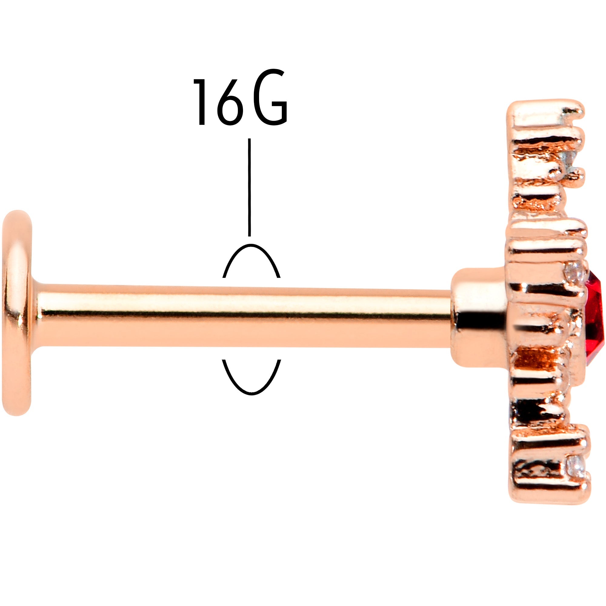 BodyCandy 16G 5/16 Red Gem Rose Gold Tone Texture Snowflake Labret Tragus — back view