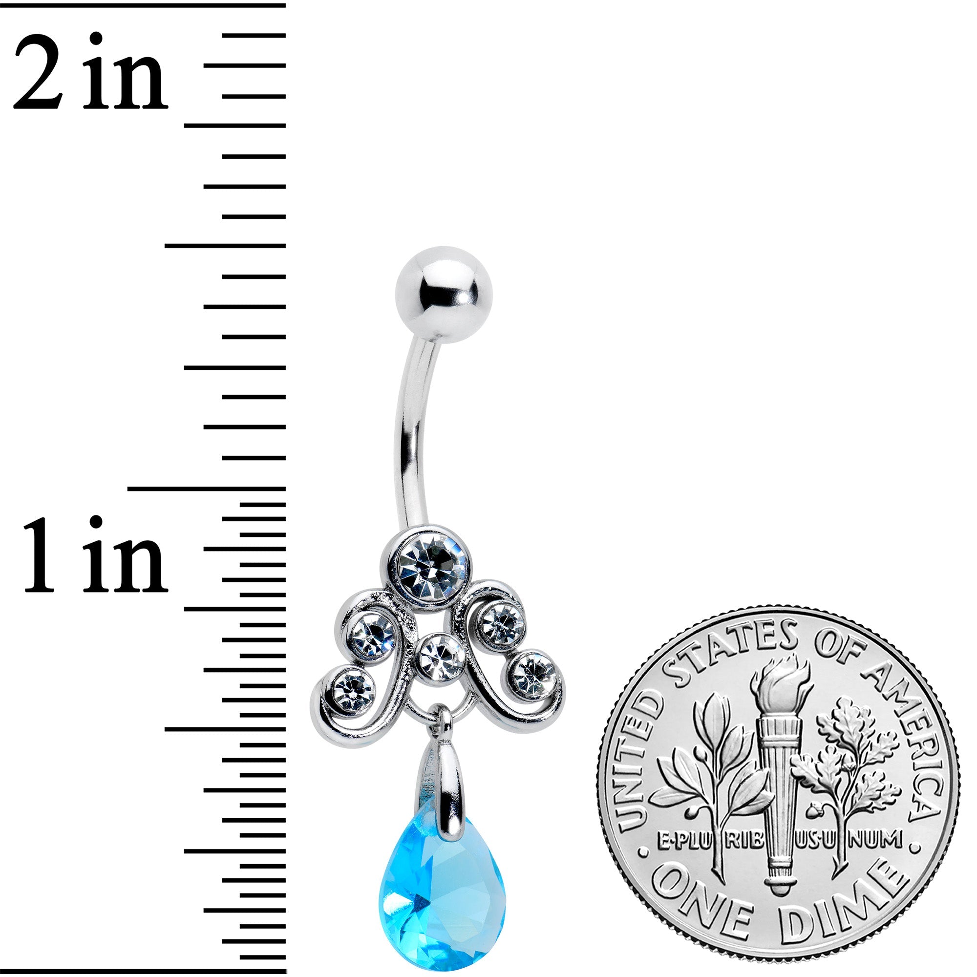 BodyCandy Clear Blue Gem Scrolling Elegance Dangle Belly Ring — detail close-up