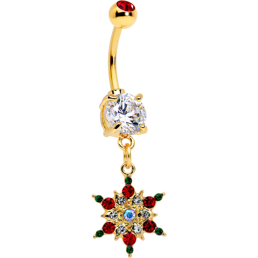 BodyCandy Aurora Red Green Gem Gold Tone Christmas Star Holiday Dangle Belly Ring — main product shot