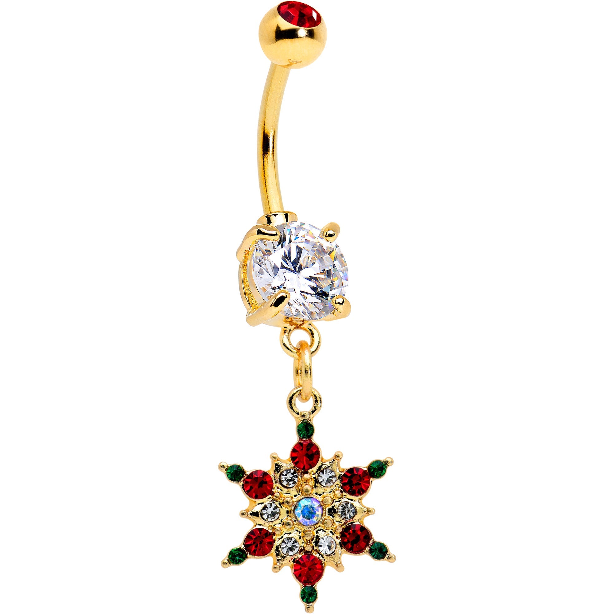 BodyCandy Aurora Red Green Gem Gold Tone Christmas Star Holiday Dangle Belly Ring — main product shot