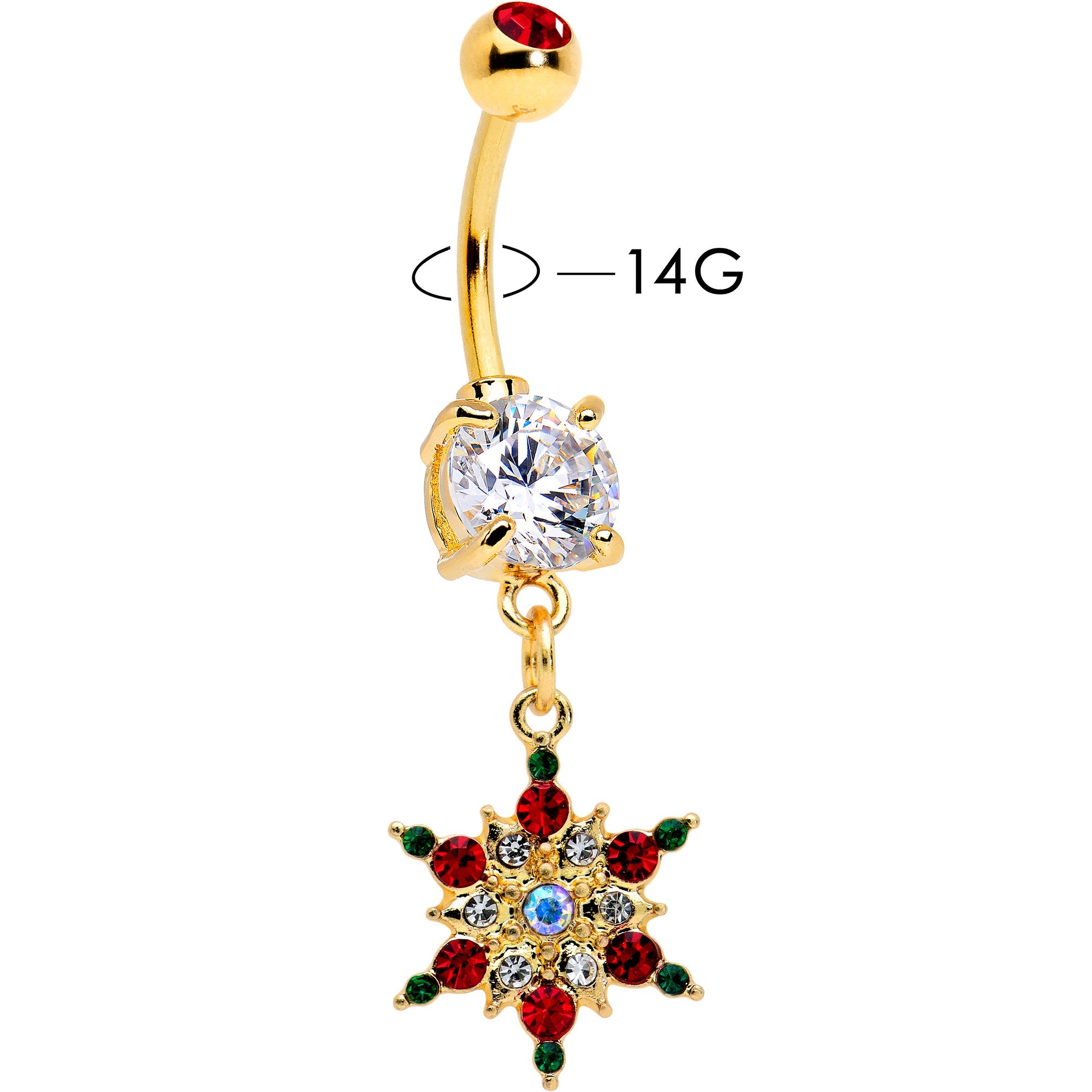 BodyCandy Aurora Red Green Gem Gold Tone Christmas Star Holiday Dangle Belly Ring — detail close-up