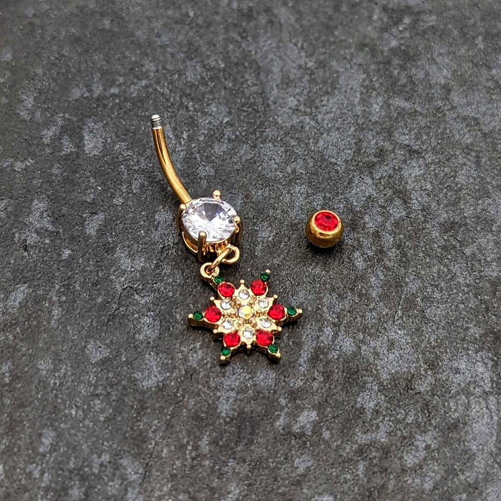 BodyCandy Aurora Red Green Gem Gold Tone Christmas Star Holiday Dangle Belly Ring — back view