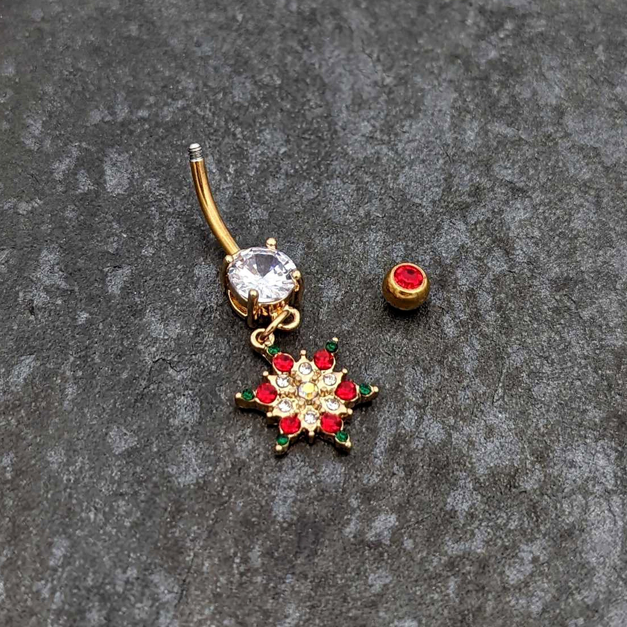 BodyCandy Aurora Red Green Gem Gold Tone Christmas Star Holiday Dangle Belly Ring — back view