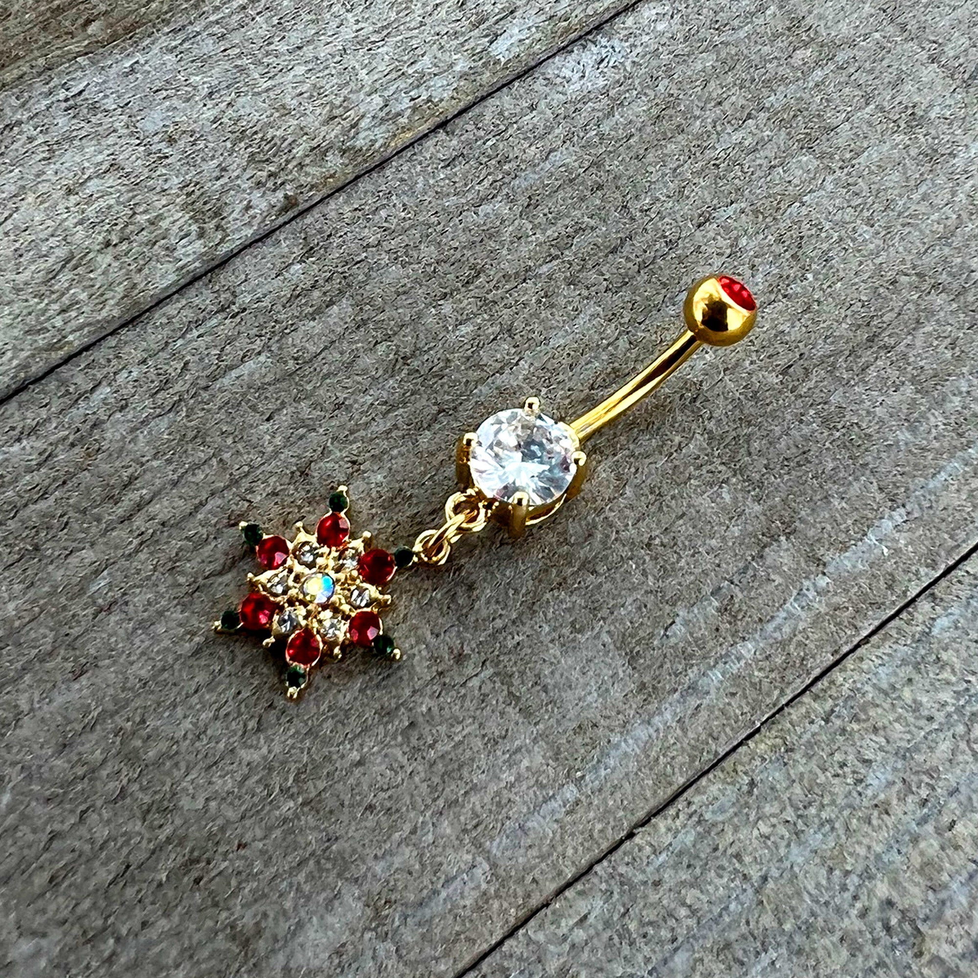 BodyCandy Aurora Red Green Gem Gold Tone Christmas Star Holiday Dangle Belly Ring — alternative angle