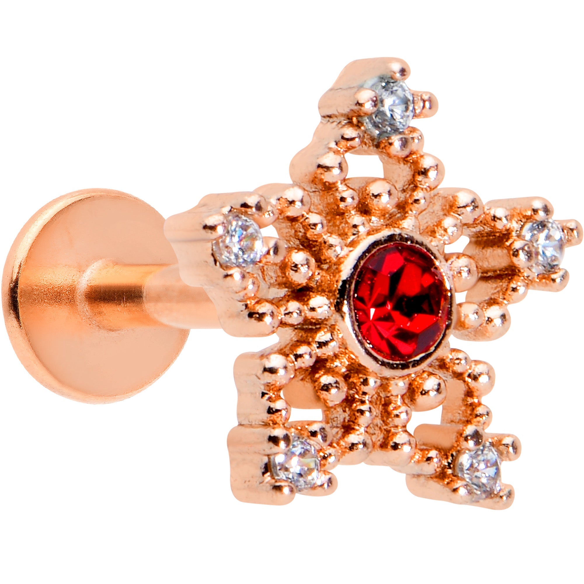 BodyCandy 16G 1/4 Red Gem Rose Gold Tone Texture Snowflake Labret Tragus — main product shot