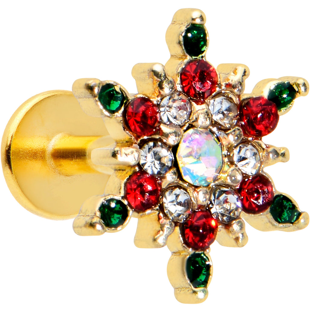 BodyCandy 16G 1/4 Red Aurora Gem Gold Tone Christmas Star Labret Tragus — main product shot