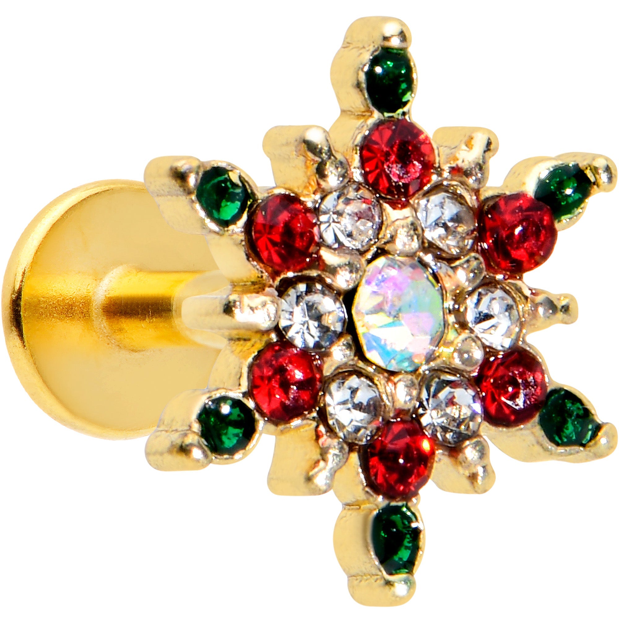 BodyCandy 16G 1/4 Red Aurora Gem Gold Tone Christmas Star Labret Tragus — main product shot