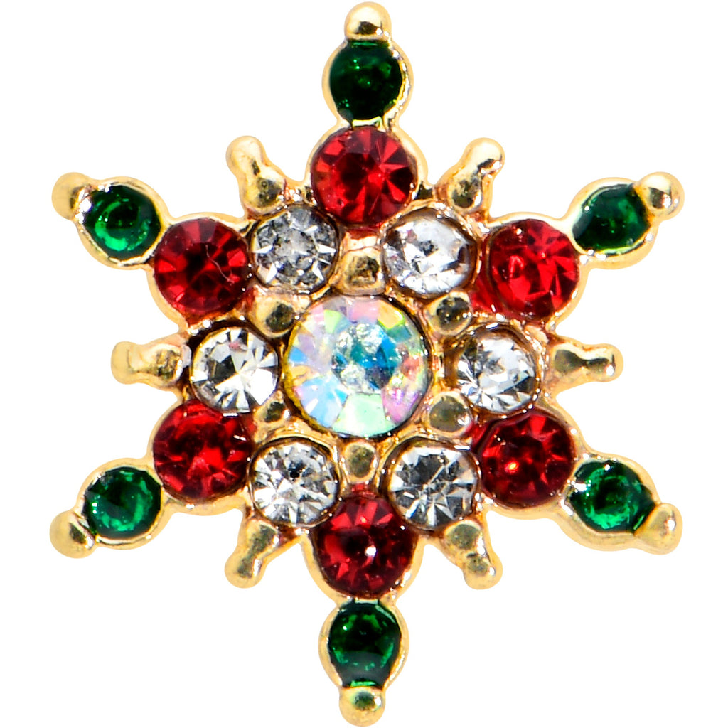 BodyCandy 16G 1/4 Red Aurora Gem Gold Tone Christmas Star Labret Tragus — detail close-up