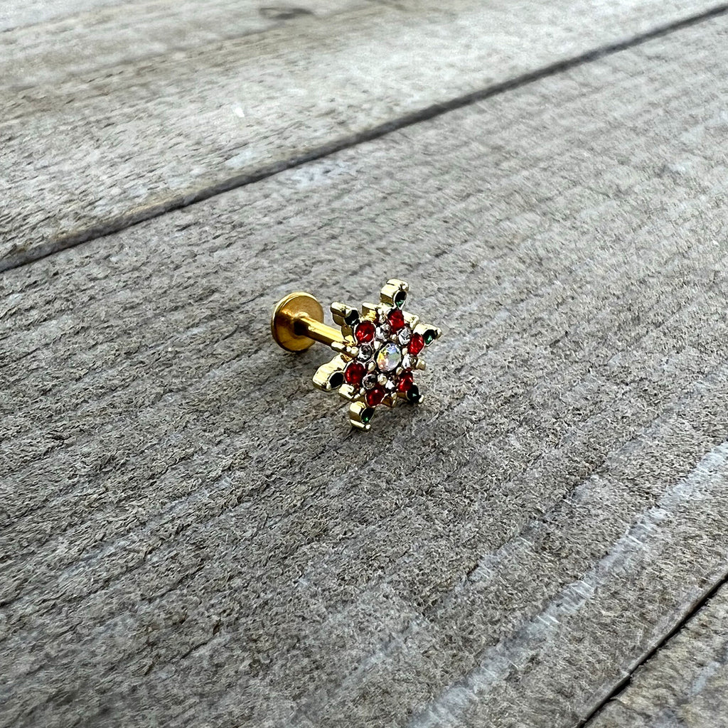 BodyCandy 16G 1/4 Red Aurora Gem Gold Tone Christmas Star Labret Tragus — alternative angle