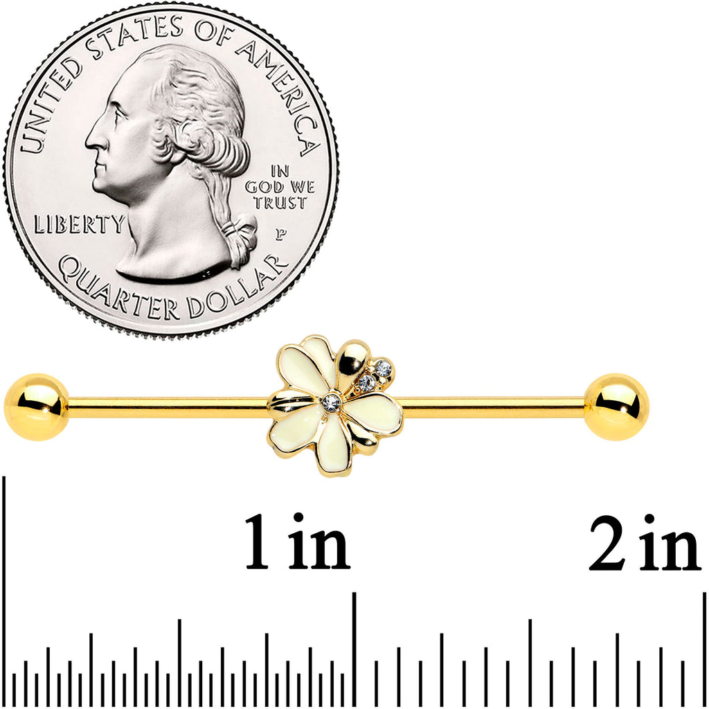 BodyCandy 14G Clear Gem Gold Tone Feed Bee Flower Industrial Barbell 38mm — detail close-up