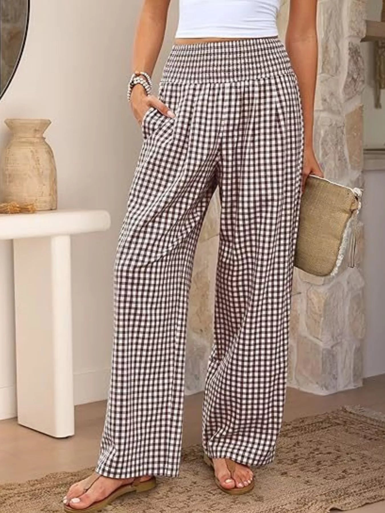 Gingham Wide-Leg Pants