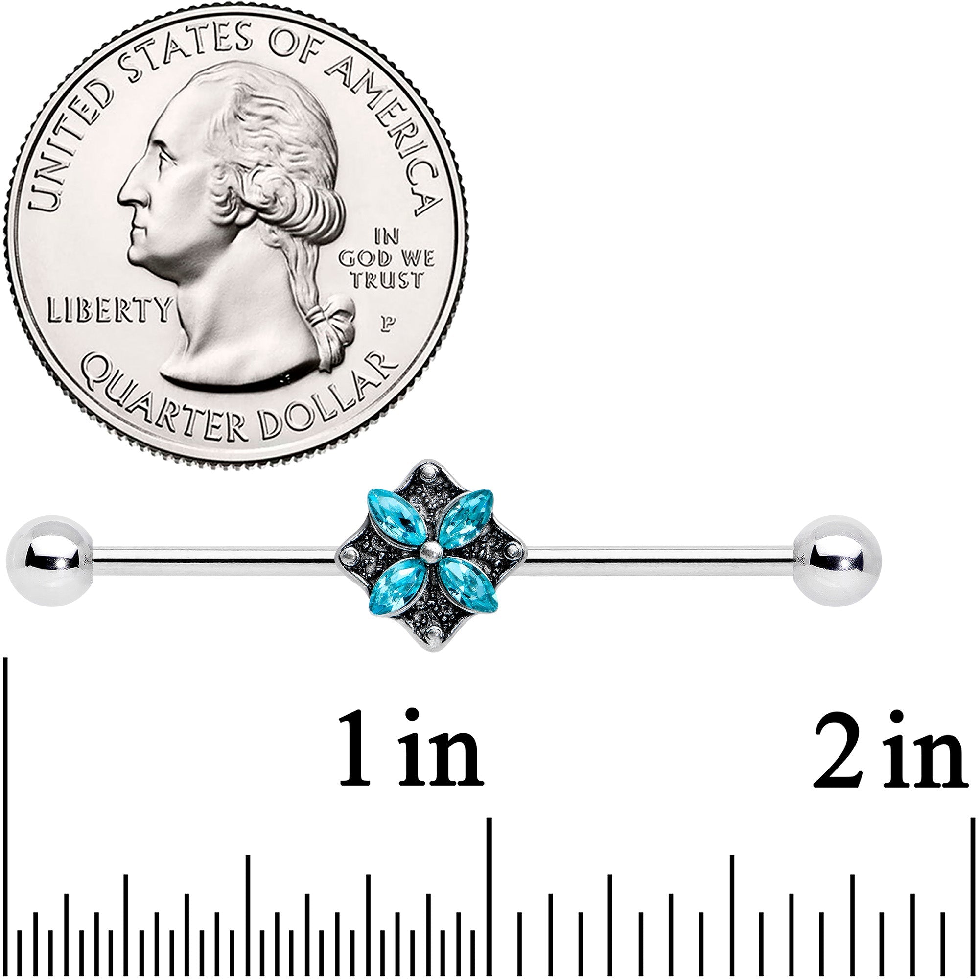 BodyCandy 14G Blue Gem Rhombus Flower Industrial Barbell 38mm — detail close-up