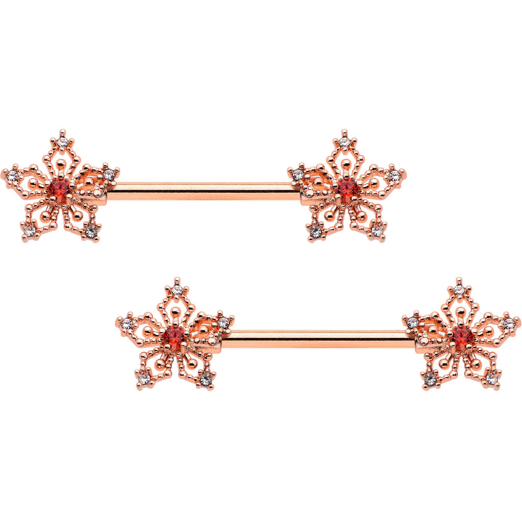 BodyCandy 14G 9/16 Red Gem Rosy Hue Texture Snowflake Barbell Nipple Ring Set — main product shot