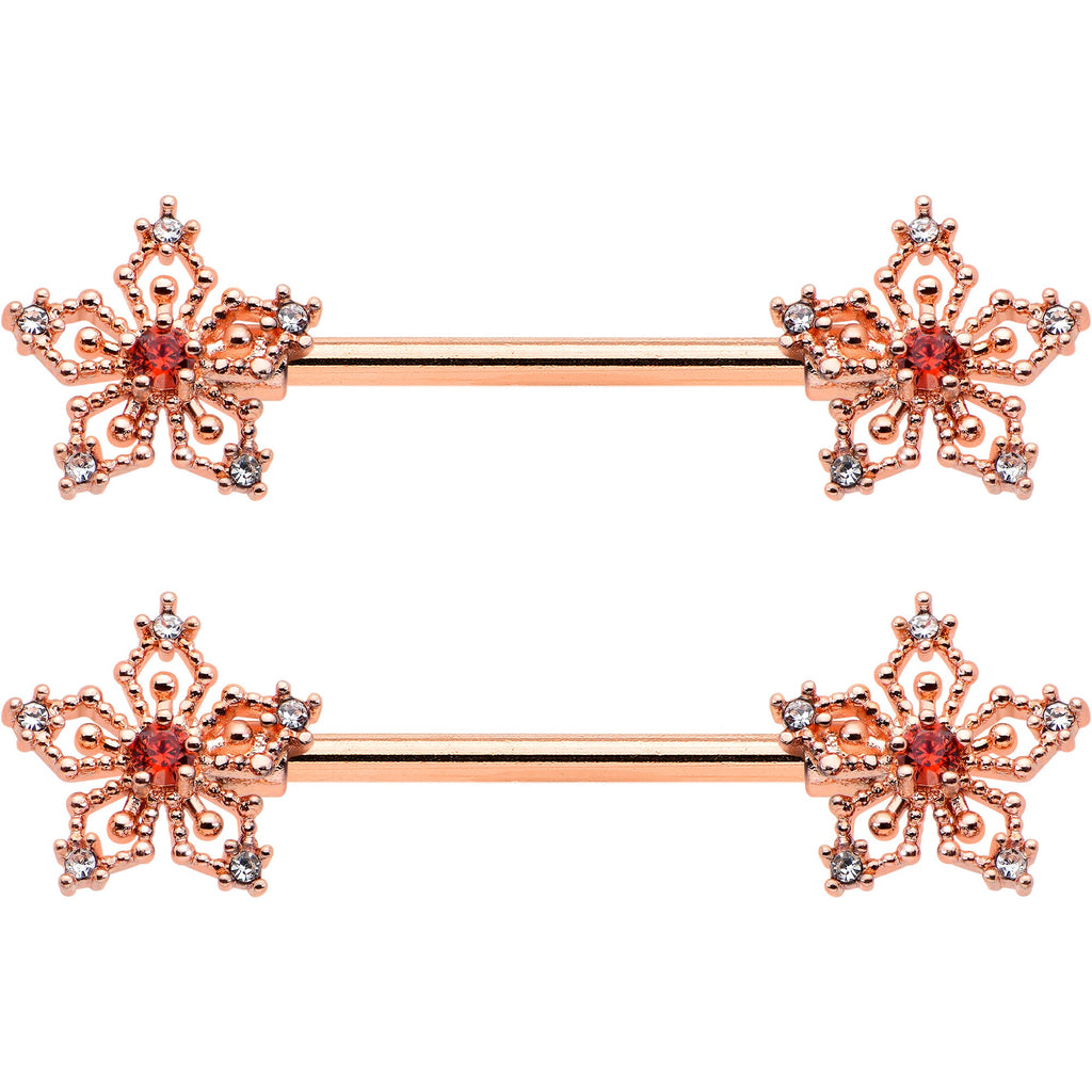 BodyCandy 14G 9/16 Red Gem Rosy Hue Texture Snowflake Barbell Nipple Ring Set — detail close-up