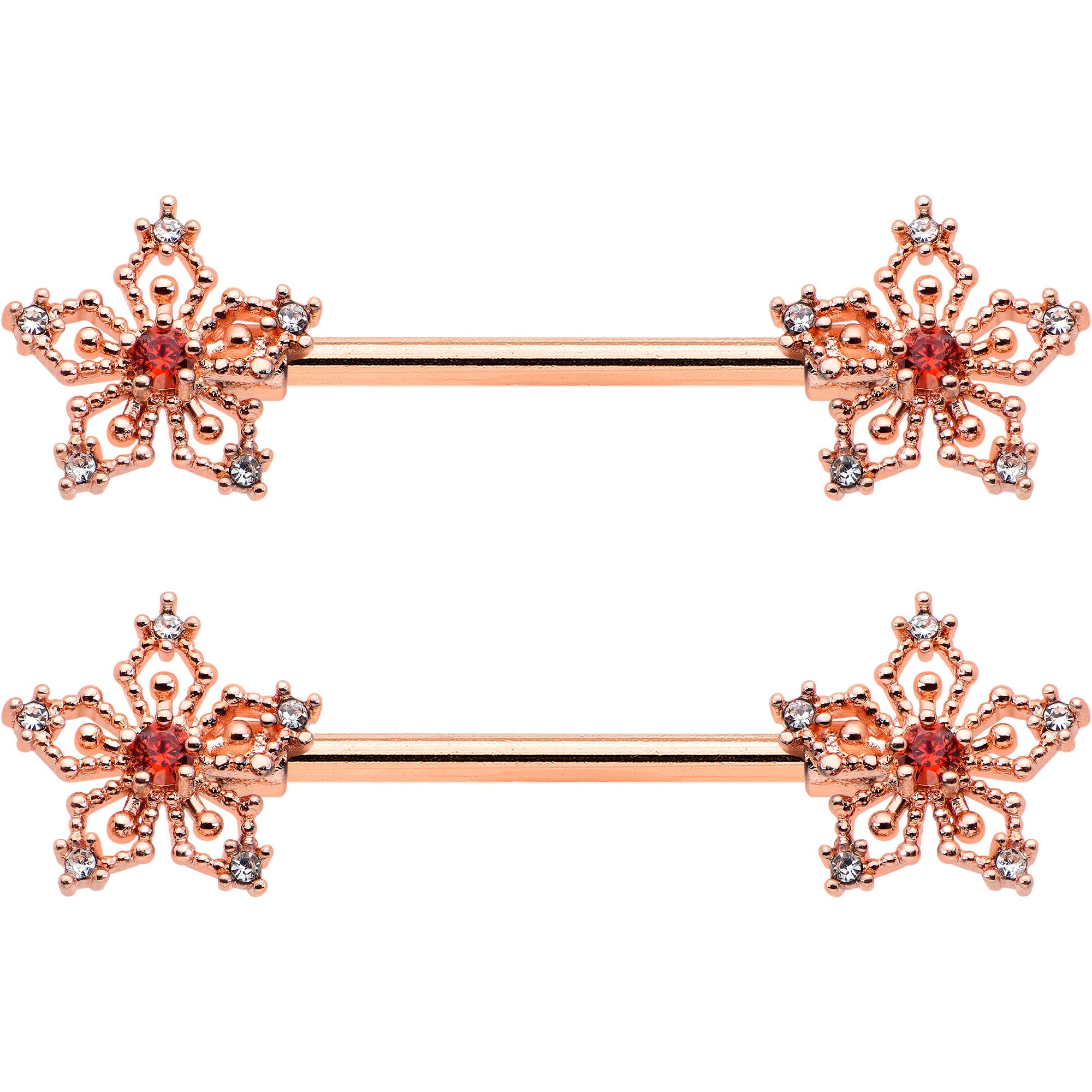 BodyCandy 14G 9/16 Red Gem Rosy Hue Texture Snowflake Barbell Nipple Ring Set — detail close-up