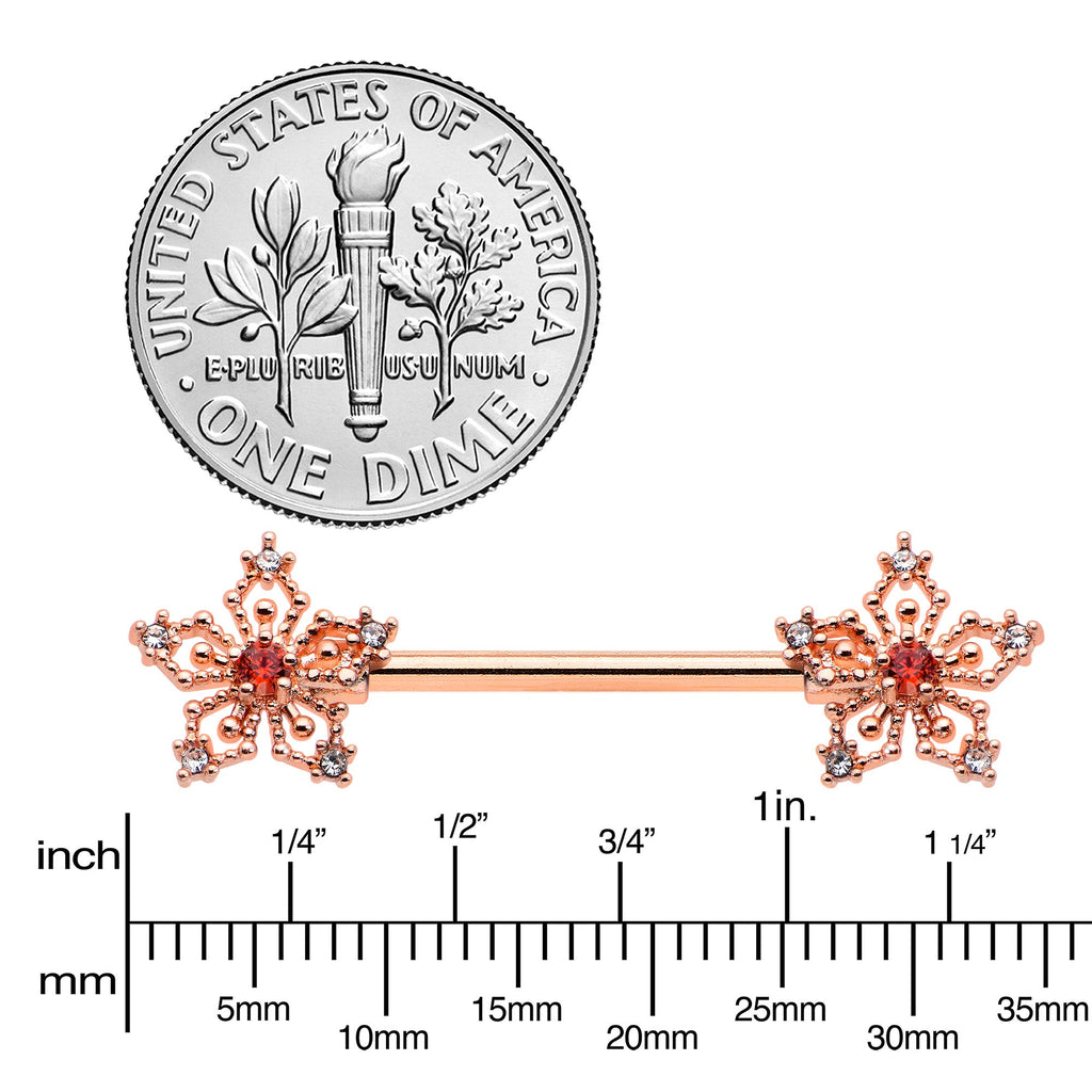 BodyCandy 14G 9/16 Red Gem Rosy Hue Texture Snowflake Barbell Nipple Ring Set — lifestyle context