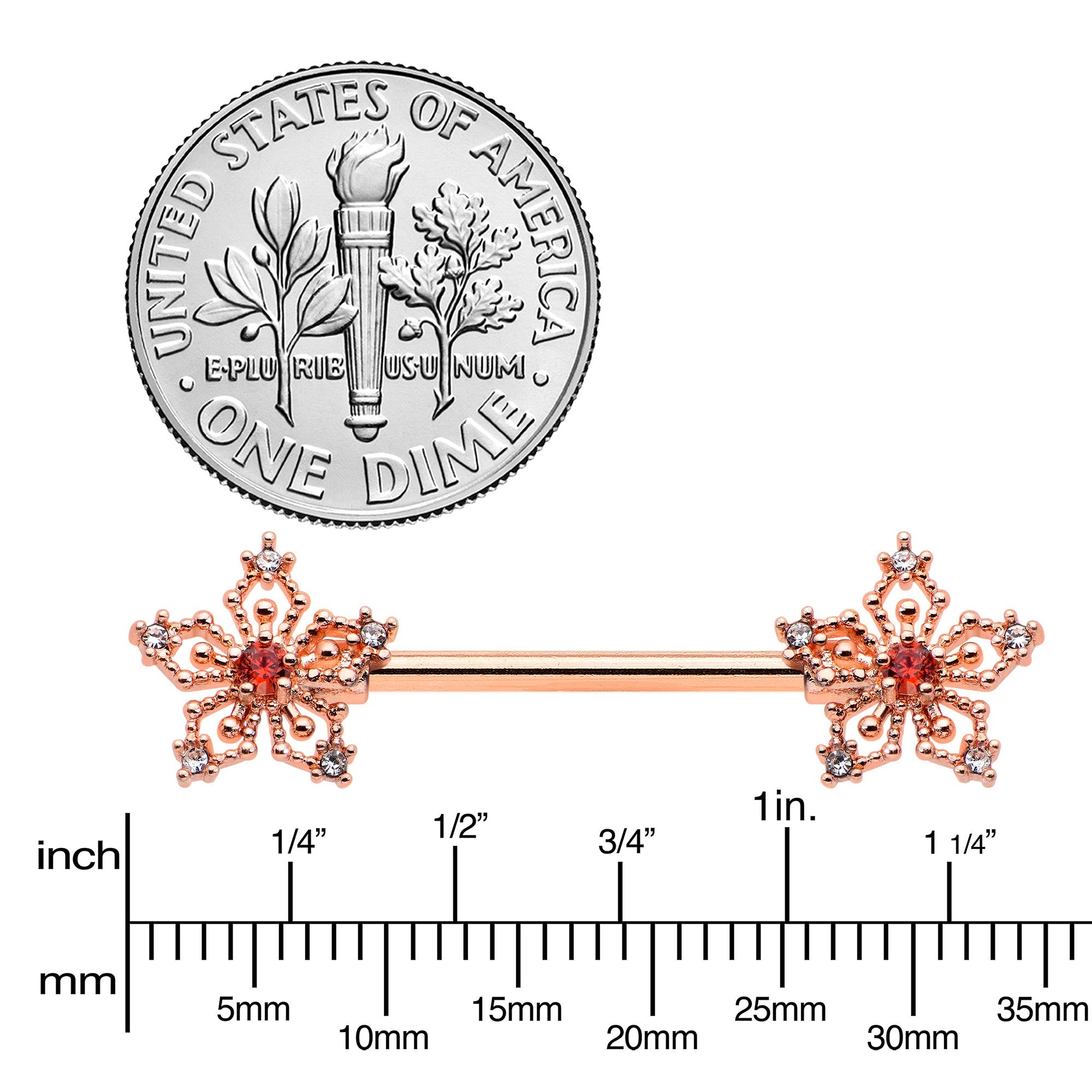 BodyCandy 14G 9/16 Red Gem Rosy Hue Texture Snowflake Barbell Nipple Ring Set — lifestyle context