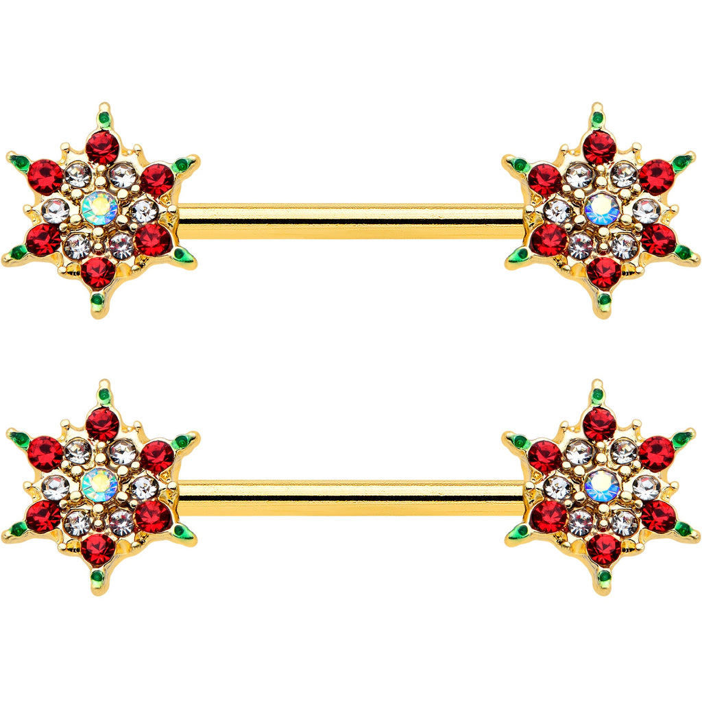 BodyCandy 14G 9/16 Red Gem Gold Hue Bright Christmas Barbell Nipple Ring Set — detail close-up