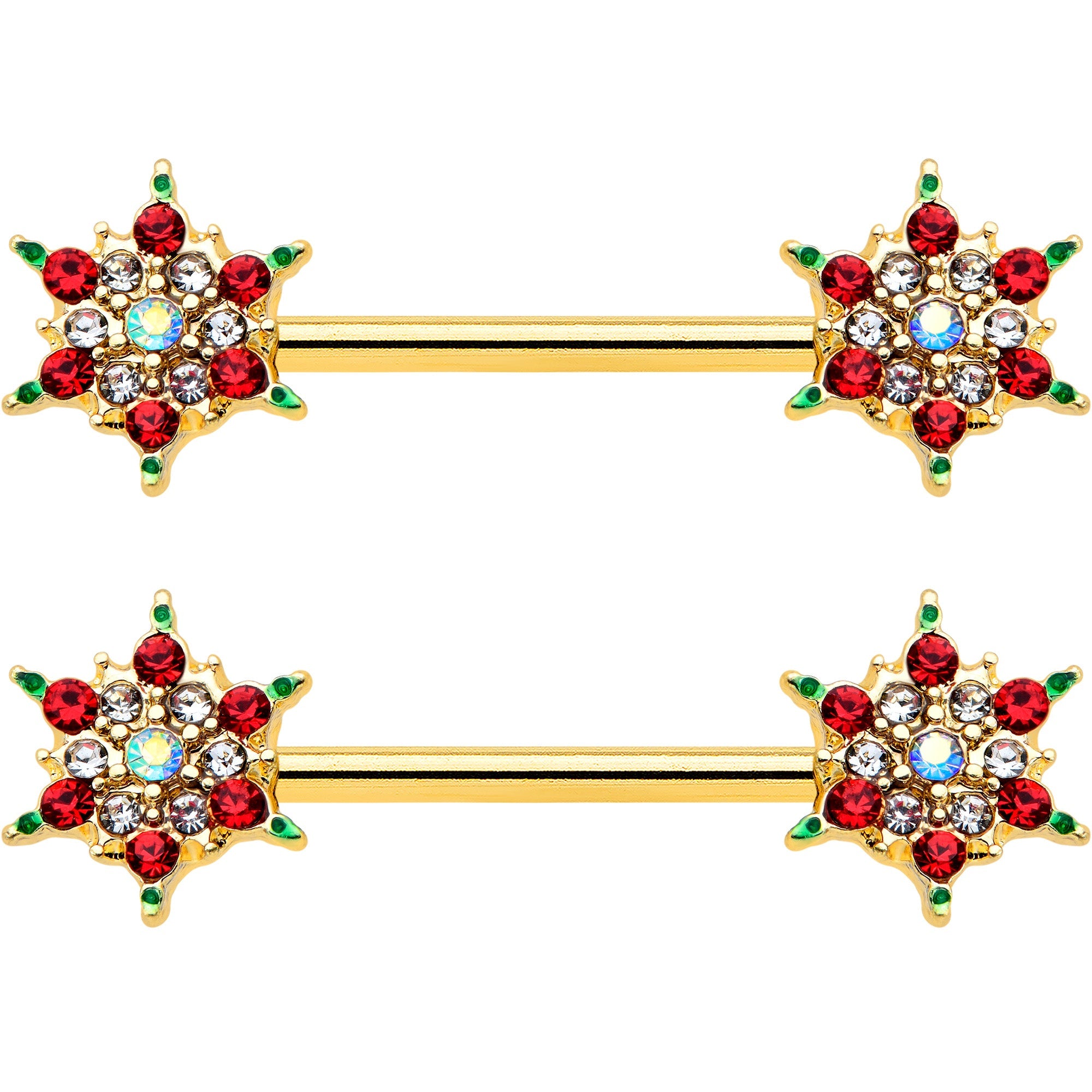 BodyCandy 14G 9/16 Red Gem Gold Hue Bright Christmas Barbell Nipple Ring Set — detail close-up