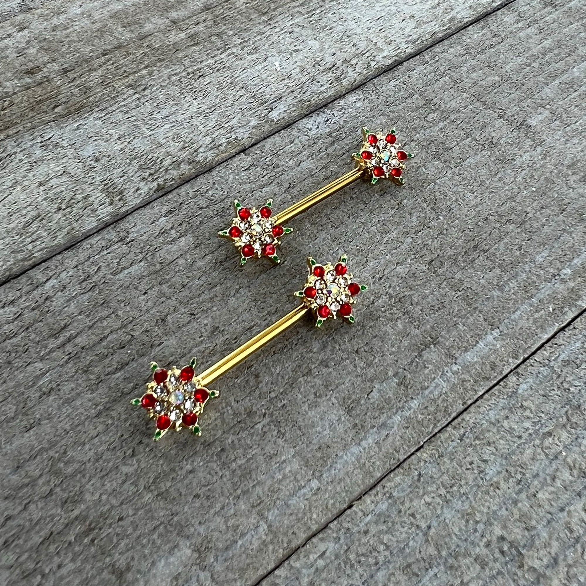 BodyCandy 14G 9/16 Red Gem Gold Hue Bright Christmas Barbell Nipple Ring Set — side view