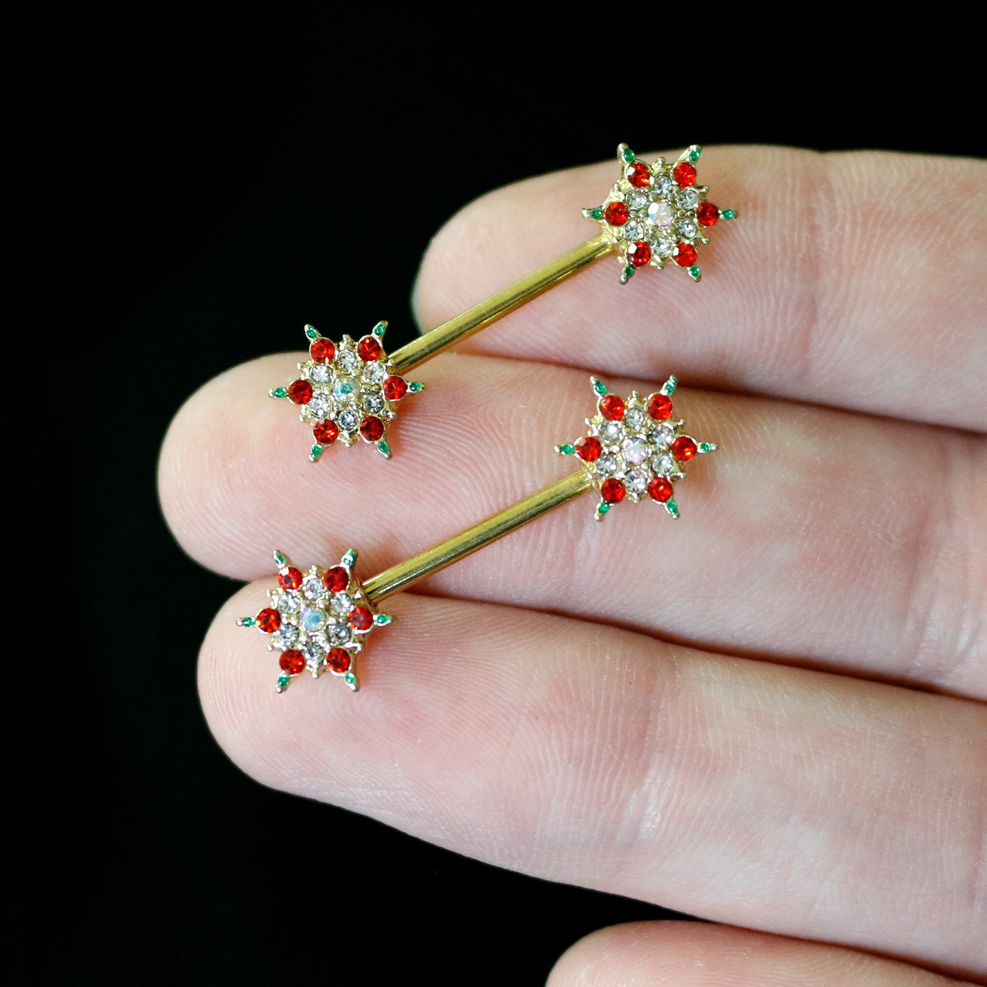 BodyCandy 14G 9/16 Red Gem Gold Hue Bright Christmas Barbell Nipple Ring Set — back view