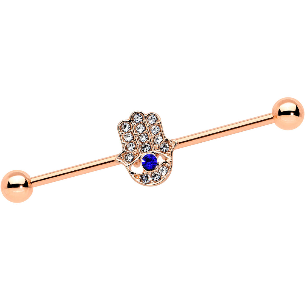 BodyCandy 14G Blue Gem Rose Gold Tone Hamsa Hand Eye Industrial Barbell 38mm — main product shot