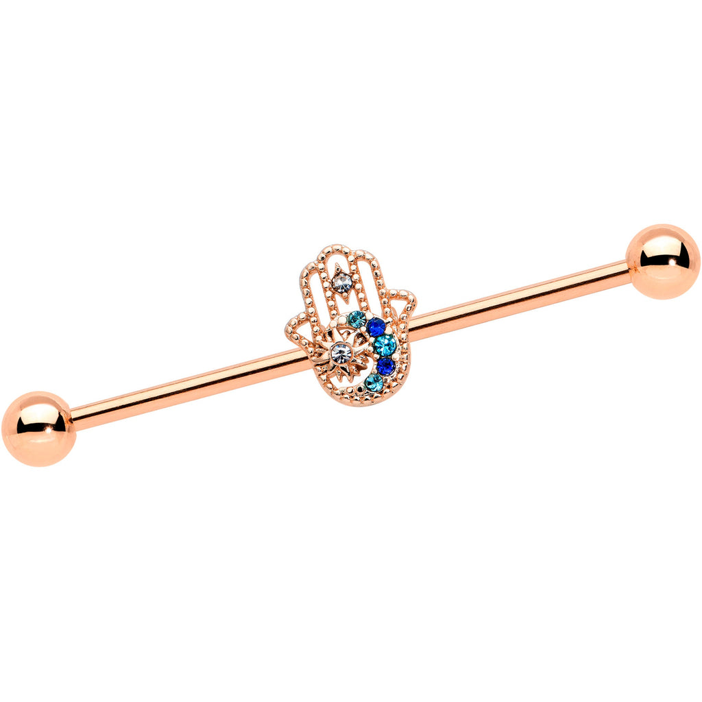 BodyCandy 14G Blue Gem Rose Gold Hue Texture Hamsa Industrial Barbell 38mm — main product shot