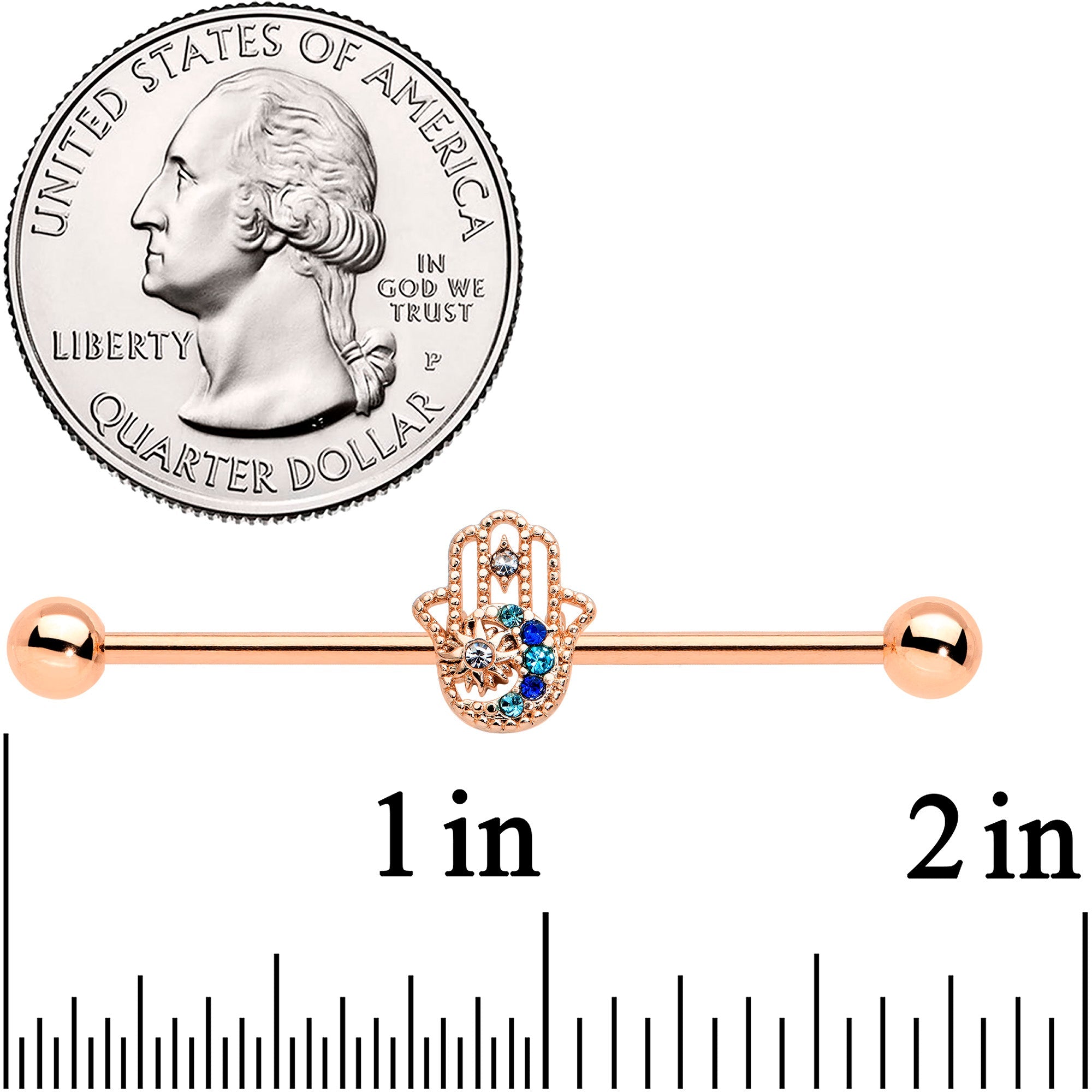 BodyCandy 14G Blue Gem Rose Gold Hue Texture Hamsa Industrial Barbell 38mm — detail close-up