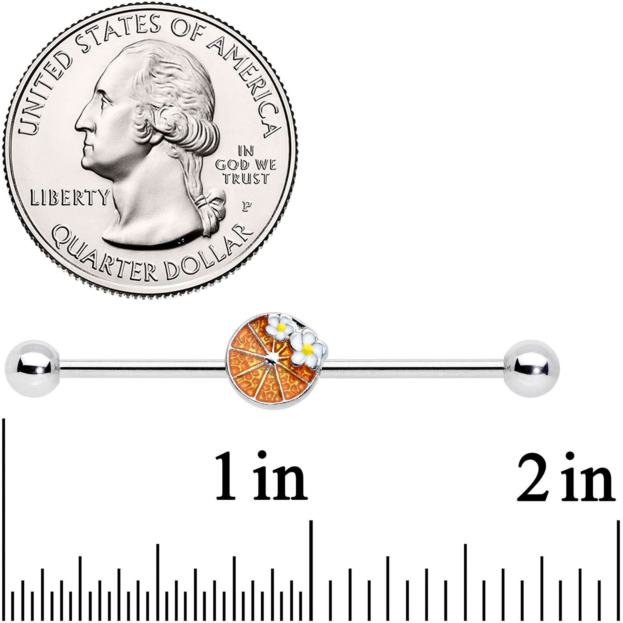 BodyCandy 14G Sweet Orange Fruit Flower Industrial Barbell 38mm — detail close-up