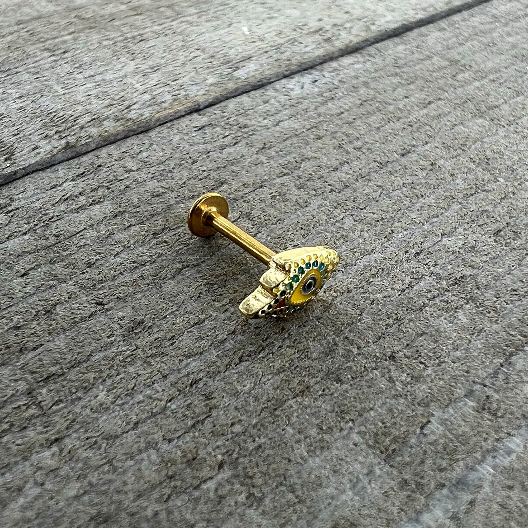 BodyCandy 16G 5/16 Gold Tone Bold Peacock Feather Labret Monroe Tragus — alternative angle