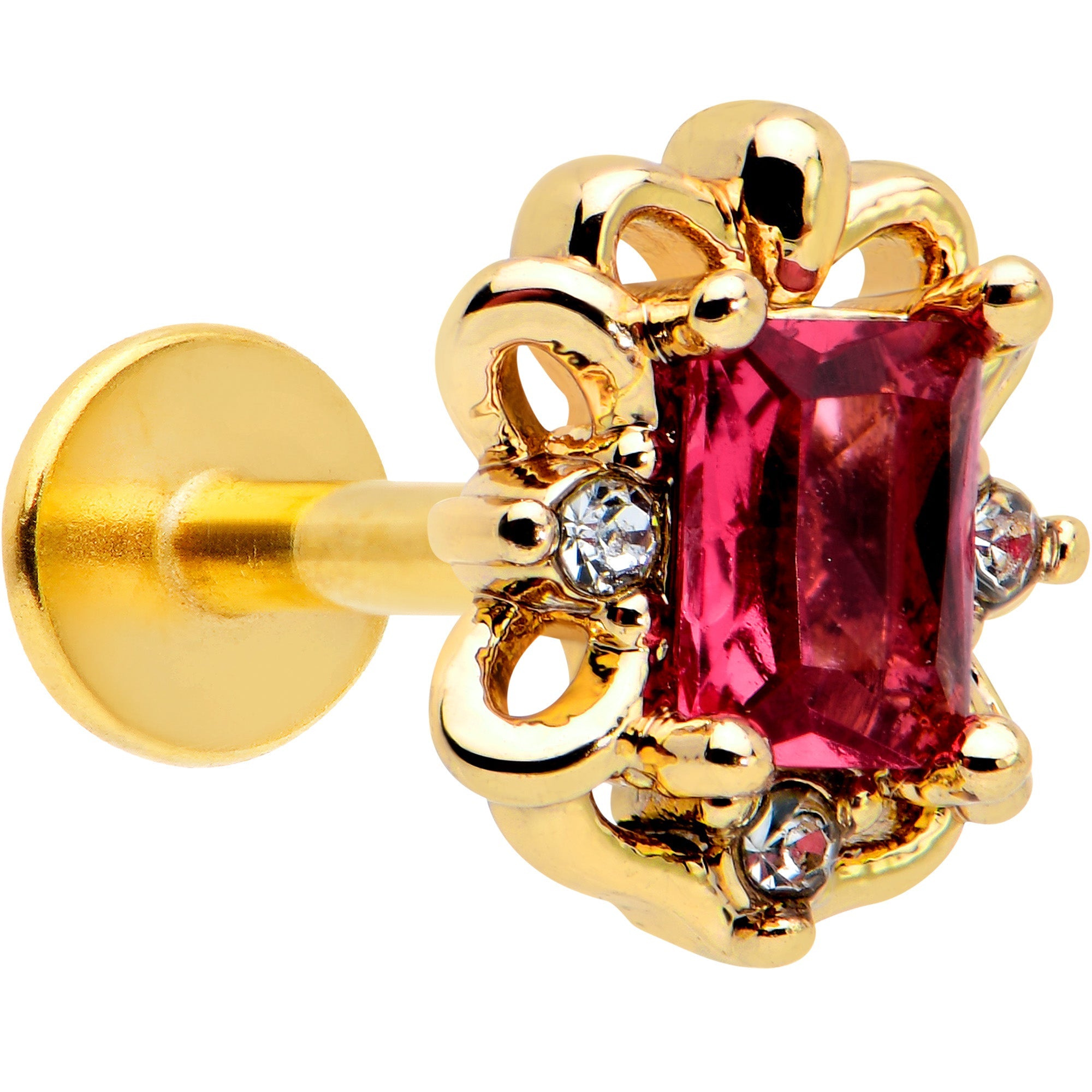 BodyCandy 16G 1/4 Red Gem Gold Tone Regal Escutcheon Labret Monroe Tragus — main product shot