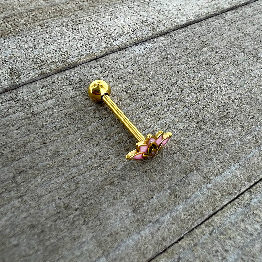 BodyCandy Gold Tone Lotus Flower Pink Peace Barbell Tongue Ring — back view