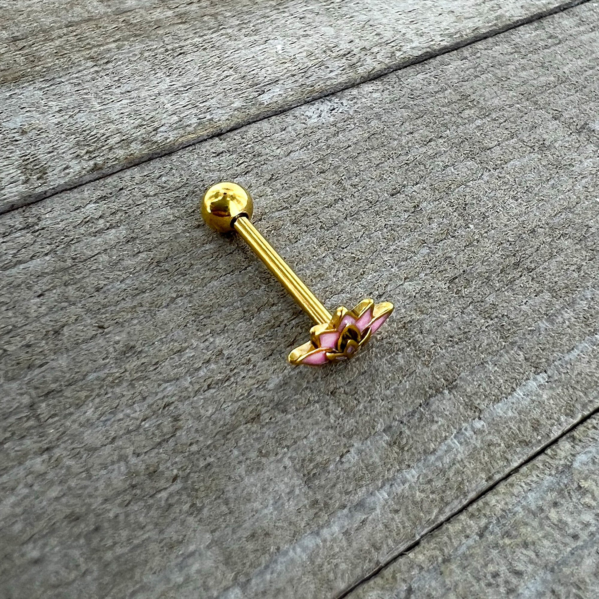 BodyCandy Gold Tone Lotus Flower Pink Peace Barbell Tongue Ring — back view