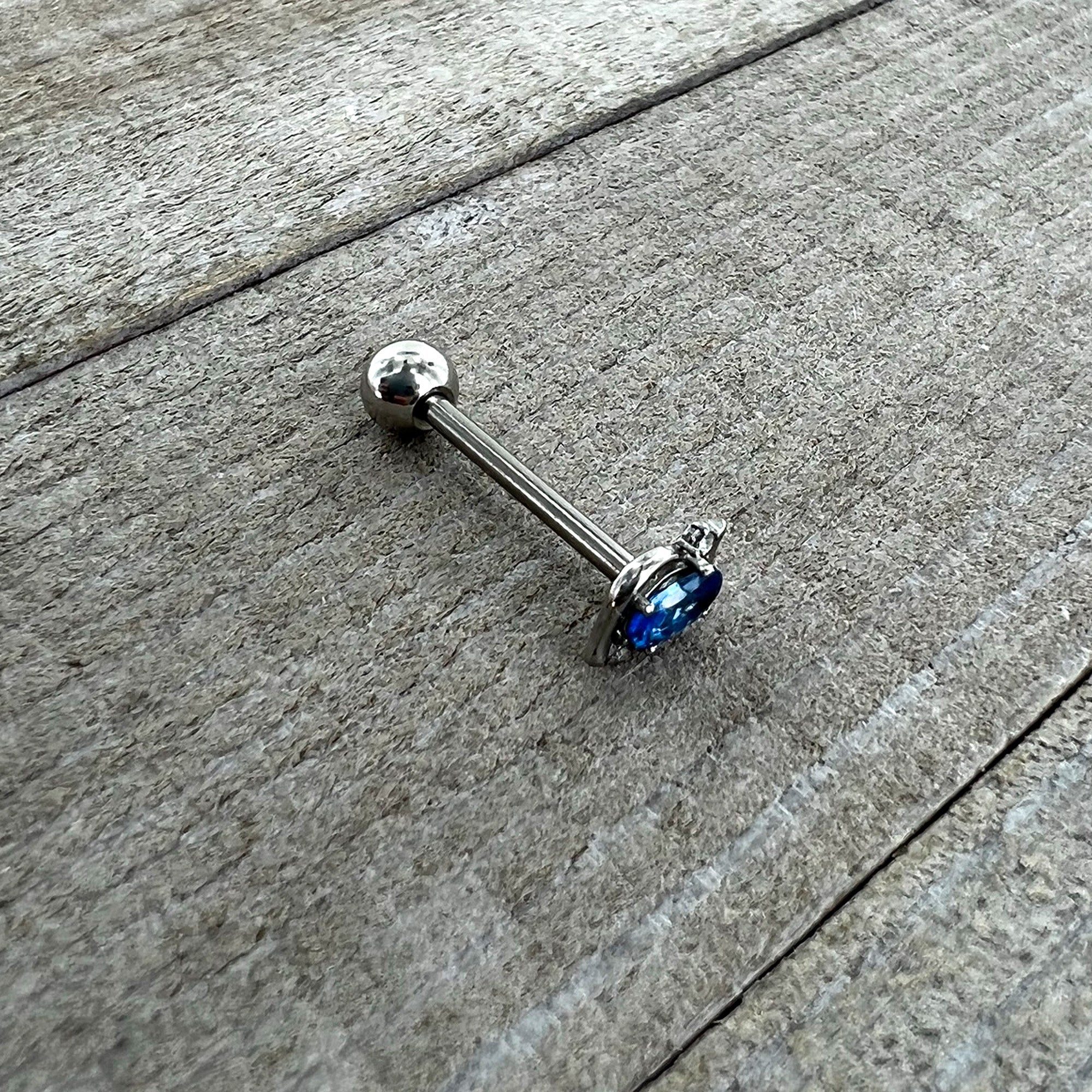 BodyCandy Clear Blue Gem Oval Swirl Barbell Tongue Ring — back view