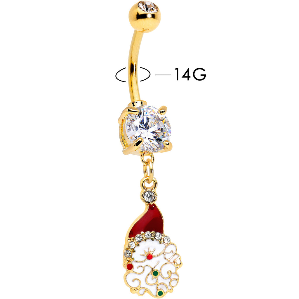 BodyCandy Clear Gem Gold Tone Decorated Santa Christmas Holiday Dangle Belly Ring — detail close-up