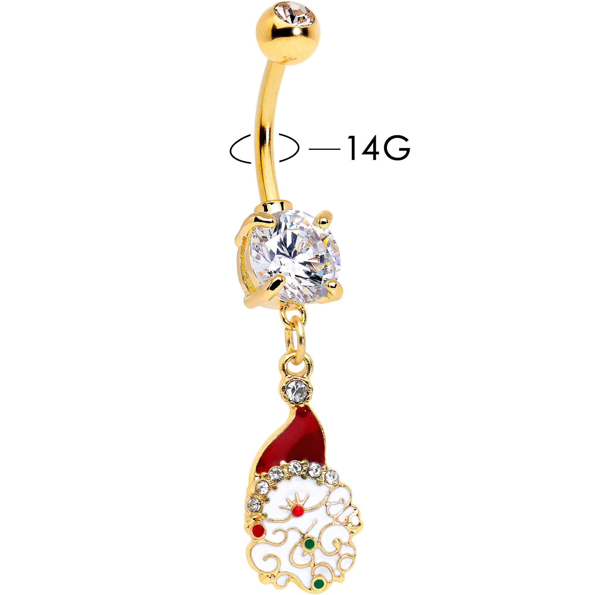 BodyCandy Clear Gem Gold Tone Decorated Santa Christmas Holiday Dangle Belly Ring — detail close-up