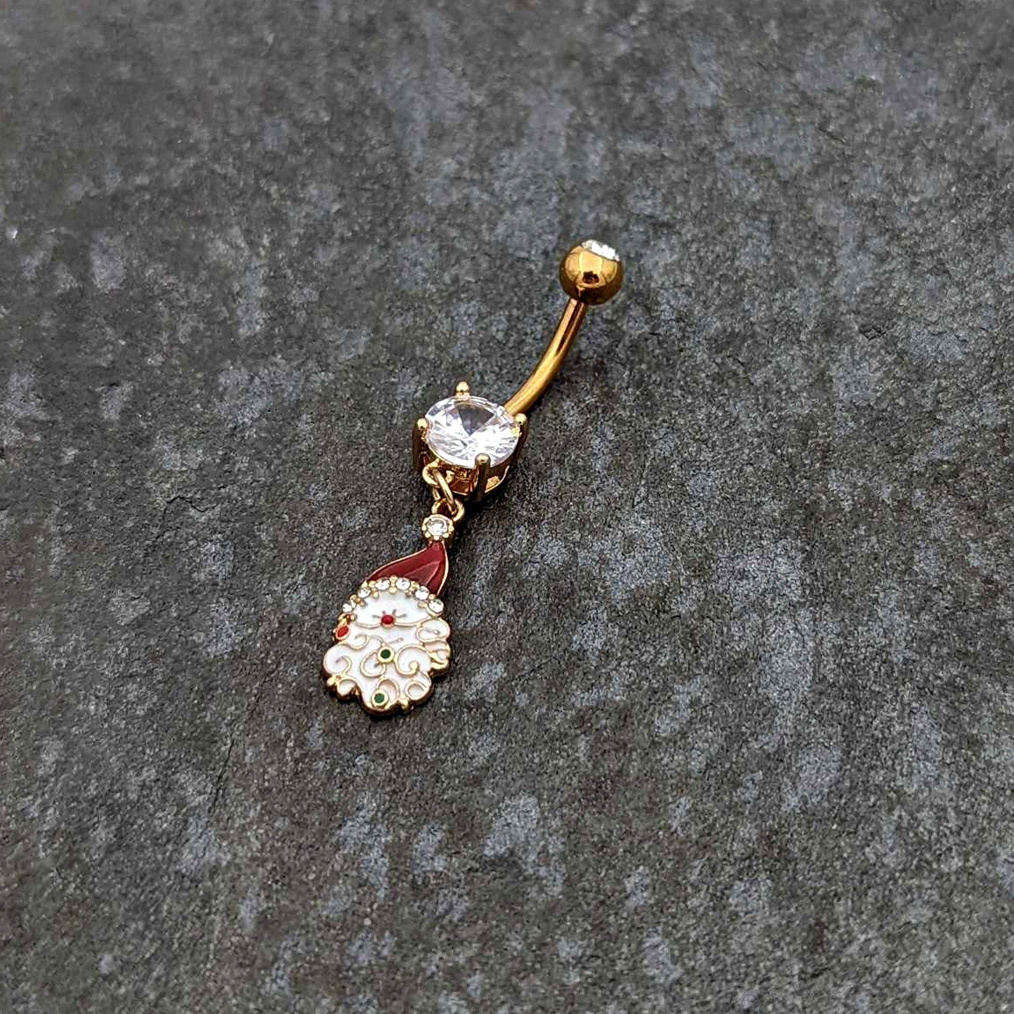 BodyCandy Clear Gem Gold Tone Decorated Santa Christmas Holiday Dangle Belly Ring — side view