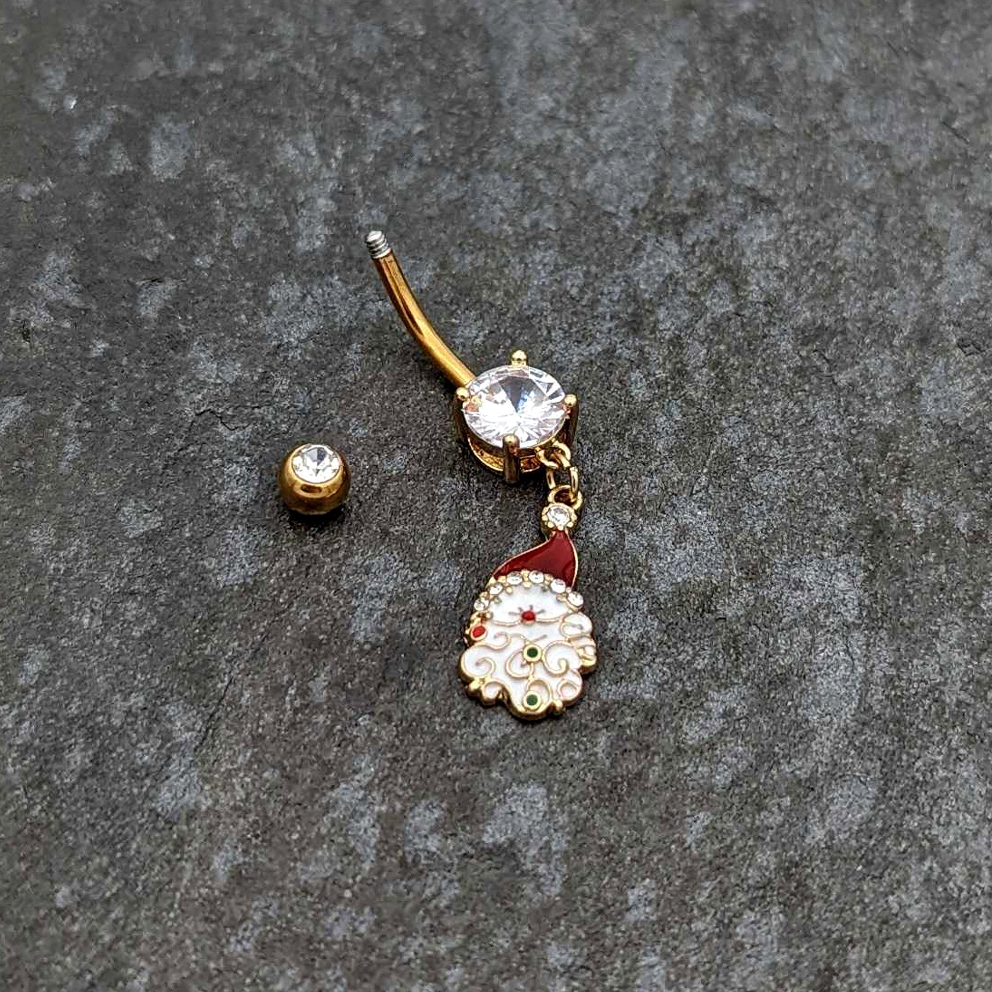 BodyCandy Clear Gem Gold Tone Decorated Santa Christmas Holiday Dangle Belly Ring — back view
