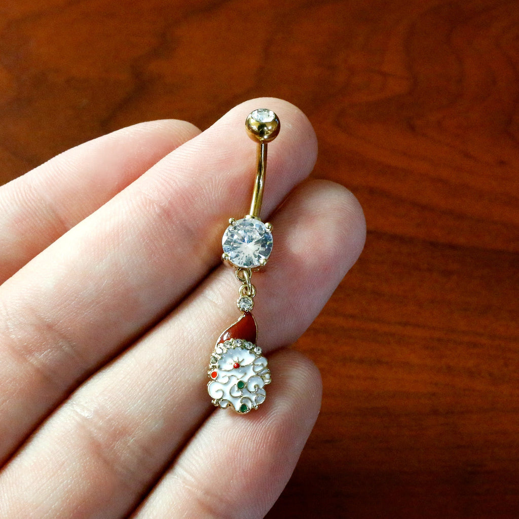 BodyCandy Clear Gem Gold Tone Decorated Santa Christmas Holiday Dangle Belly Ring — in-use photo